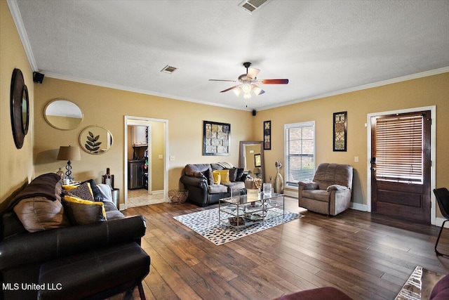 602 Oakview Way, Byram, MS 39272 - living area featuring a ceiling fan, hardwood / wood-style flooring, ornamental molding, a textured ceiling, and baseboards