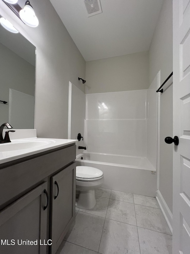 full bathroom with visible vents, vanity, toilet, and shower / bathtub combination