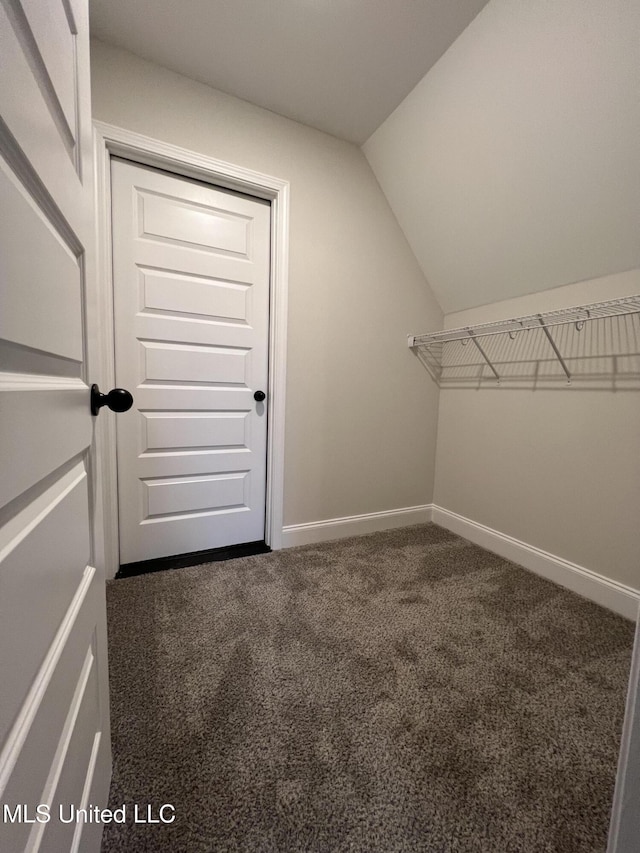 spacious closet with vaulted ceiling and dark carpet