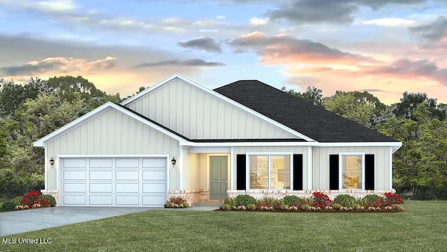 9613 Reserve Blvd, Biloxi, MS 39532 - modern farmhouse featuring a lawn, an attached garage, a shingled roof, driveway, and board and batten siding