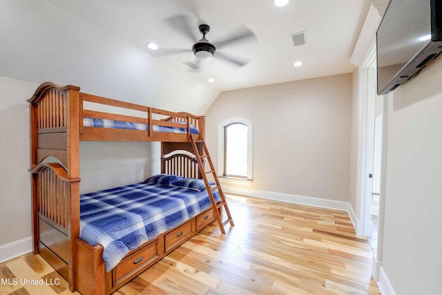 11281 Rd 468, Philadelphia, MS 39350 - bedroom with ceiling fan, lofted ceiling, and light hardwood / wood-style floors