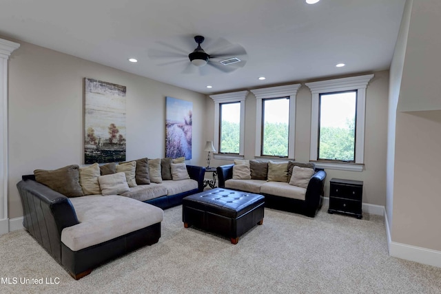 11281 Rd 468, Philadelphia, MS 39350 - living room with light colored carpet and ceiling fan