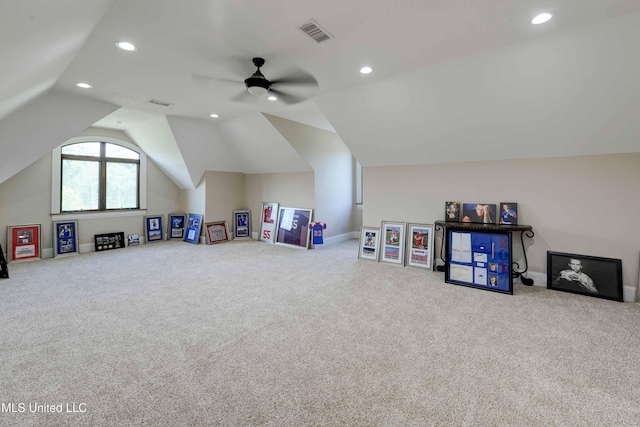 11281 Rd 468, Philadelphia, MS 39350 - rec room with ceiling fan, lofted ceiling, and carpet floors