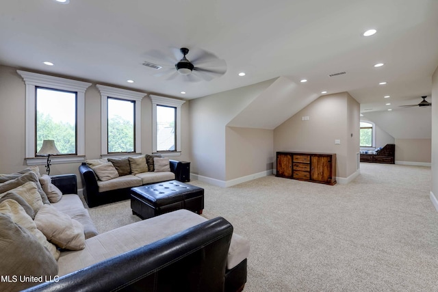 11281 Rd 468, Philadelphia, MS 39350 - living room featuring ceiling fan, light colored carpet, and lofted ceiling