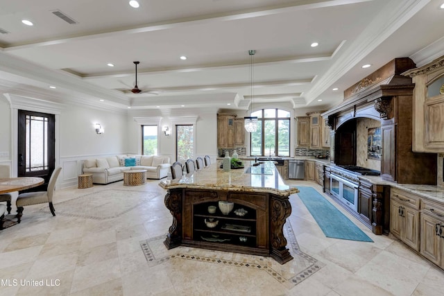 11281 Rd 468, Philadelphia, MS 39350 - kitchen with a raised ceiling, light stone countertops, appliances with stainless steel finishes, and ornamental molding