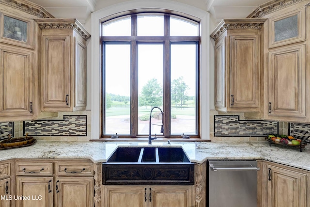 11281 Rd 468, Philadelphia, MS 39350 - kitchen featuring light stone counters, sink, and decorative backsplash