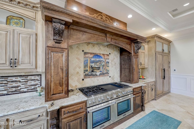 11281 Rd 468, Philadelphia, MS 39350 - kitchen featuring crown molding, double oven range, light stone counters, tasteful backsplash, and a tray ceiling