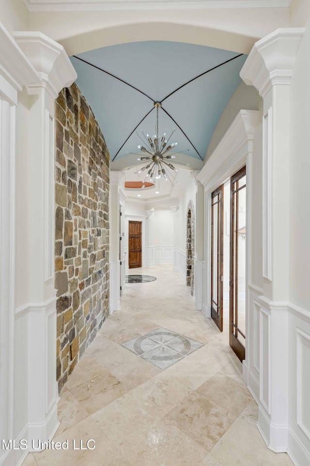 11281 Rd 468, Philadelphia, MS 39350 - corridor featuring an inviting chandelier, lofted ceiling, and ornate columns