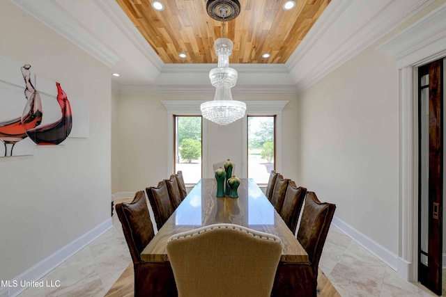 11281 Rd 468, Philadelphia, MS 39350 - dining space with crown molding, wooden ceiling, a chandelier, and a tray ceiling