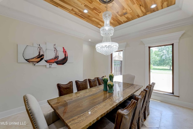 11281 Rd 468, Philadelphia, MS 39350 - dining room featuring a raised ceiling, crown molding, wooden ceiling, and an inviting chandelier