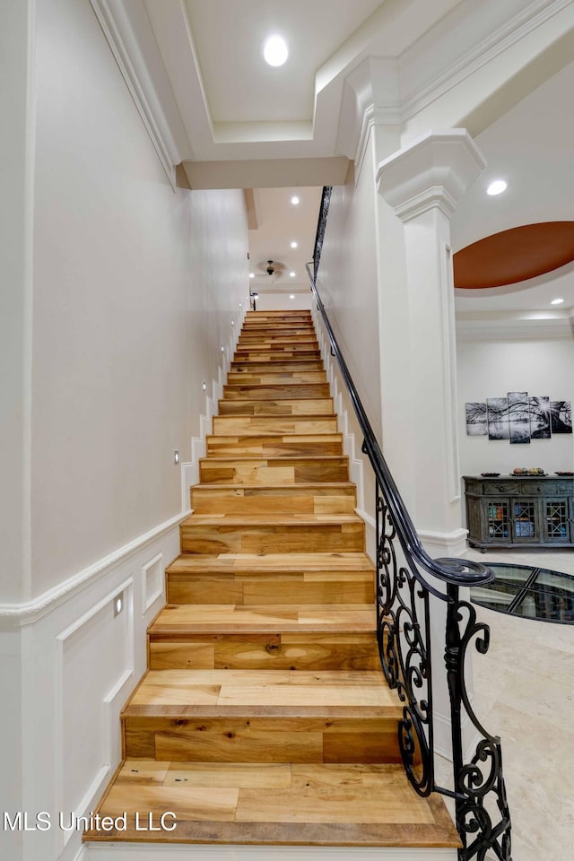 11281 Rd 468, Philadelphia, MS 39350 - stairs featuring hardwood / wood-style floors and ornate columns