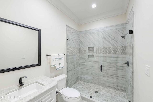 11281 Rd 468, Philadelphia, MS 39350 - bathroom featuring vanity, ornamental molding, walk in shower, and toilet