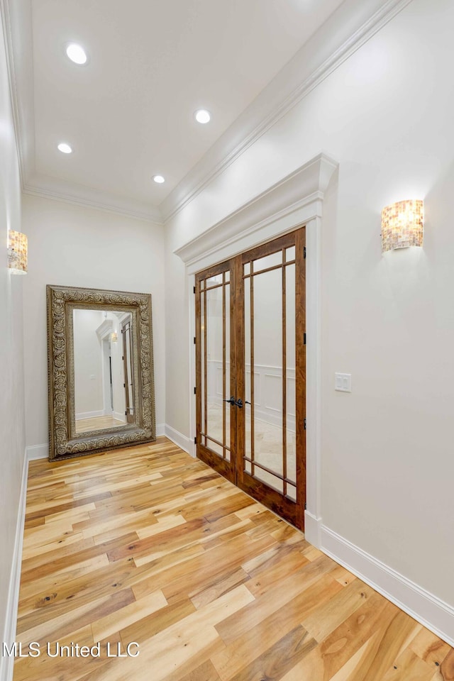 11281 Rd 468, Philadelphia, MS 39350 - hall with wood-type flooring, ornamental molding, and french doors