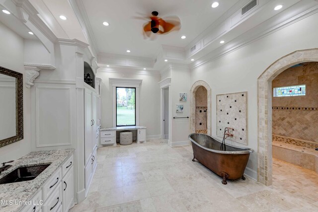 11281 Rd 468, Philadelphia, MS 39350 - bathroom featuring ornamental molding, shower with separate bathtub, and vanity