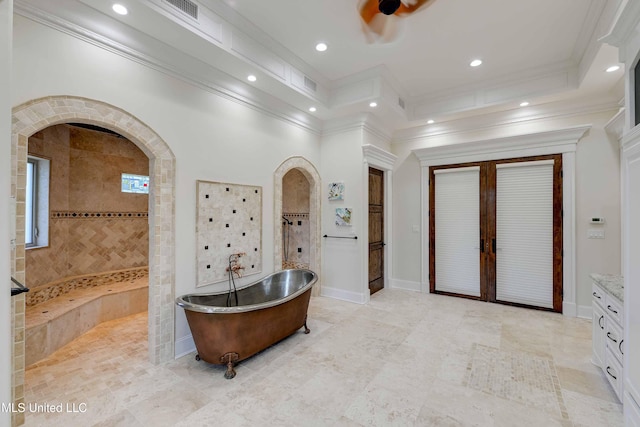 11281 Rd 468, Philadelphia, MS 39350 - bathroom featuring vanity, crown molding, independent shower and bath, and french doors