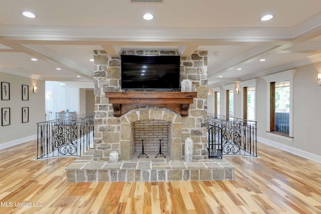 11281 Rd 468, Philadelphia, MS 39350 - unfurnished living room with beamed ceiling, ornamental molding, and hardwood / wood-style floors