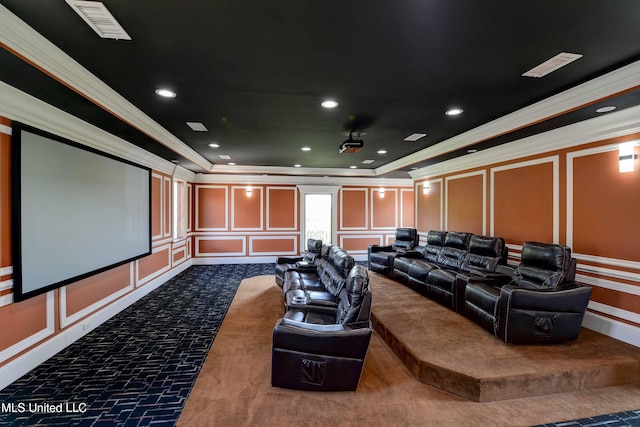 11281 Rd 468, Philadelphia, MS 39350 - carpeted home theater with a tray ceiling and ornamental molding