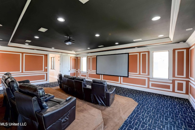 11281 Rd 468, Philadelphia, MS 39350 - cinema room with a raised ceiling, ornamental molding, and carpet