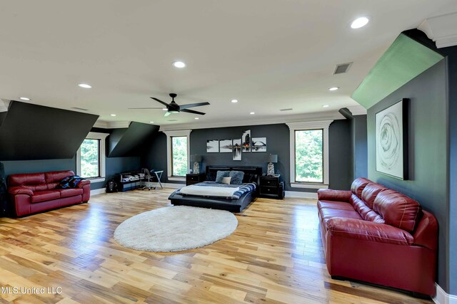 11281 Rd 468, Philadelphia, MS 39350 - living room with ceiling fan, ornamental molding, and light hardwood / wood-style flooring