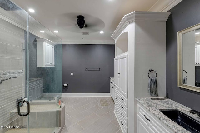 11281 Rd 468, Philadelphia, MS 39350 - bathroom with vanity, crown molding, ceiling fan, and walk in shower