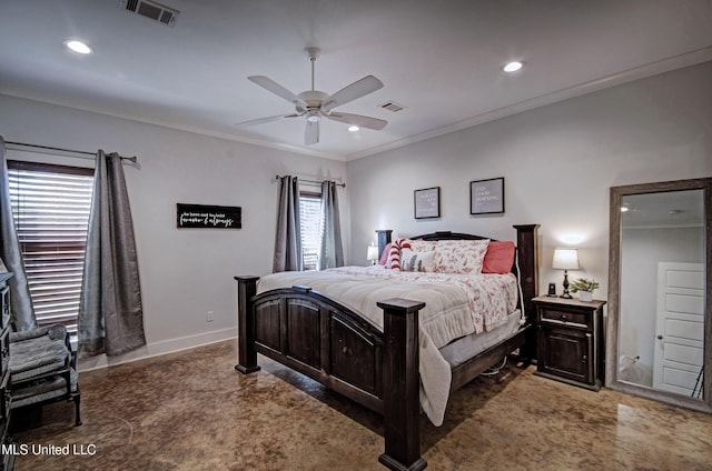 bedroom with baseboards, visible vents, crown molding, and recessed lighting