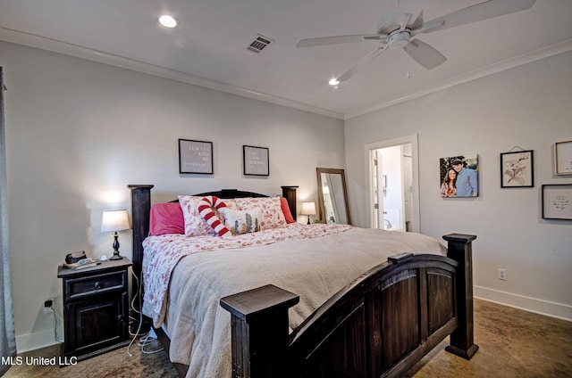 bedroom featuring ornamental molding, recessed lighting, visible vents, and baseboards