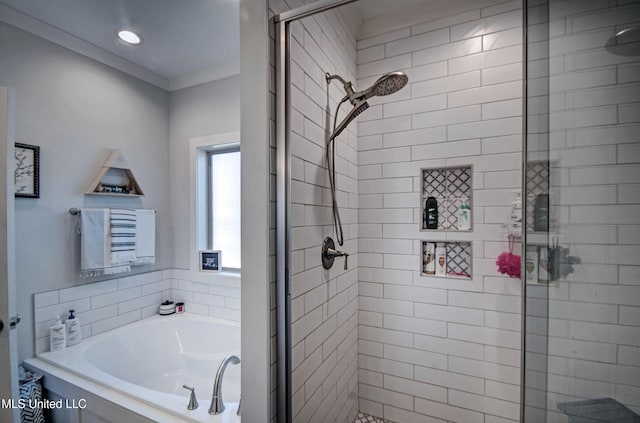 full bathroom with recessed lighting, a shower stall, a bath, and crown molding