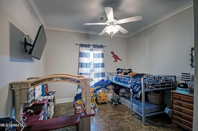 bedroom featuring ceiling fan, ornamental molding, and visible vents