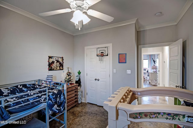 bedroom featuring a ceiling fan, dark colored carpet, a closet, and crown molding