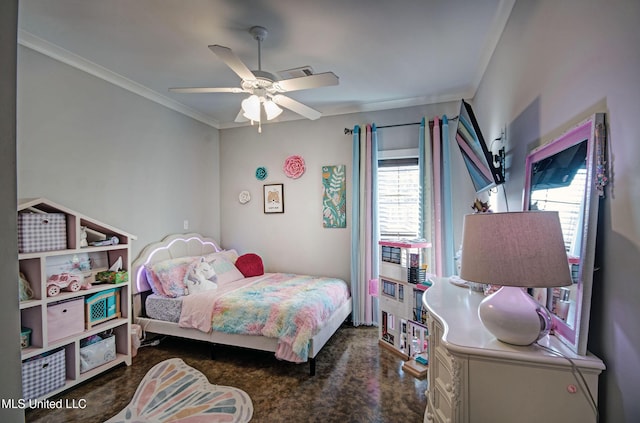 bedroom featuring ceiling fan and ornamental molding