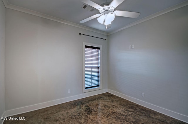 unfurnished room with ornamental molding, visible vents, baseboards, and a ceiling fan