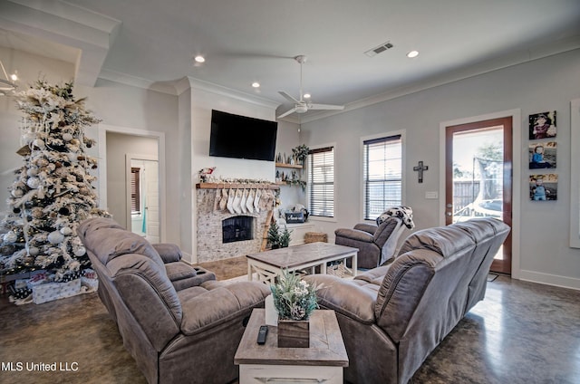 living room featuring concrete floors, visible vents, a fireplace, and recessed lighting