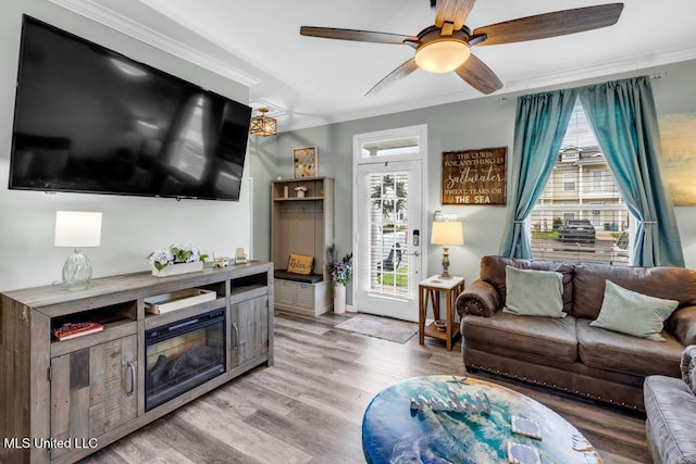 1130 Century Oaks Dr Unit B, Gulfport, MS 39507 - living room with ornamental molding, a ceiling fan, and light wood-type flooring