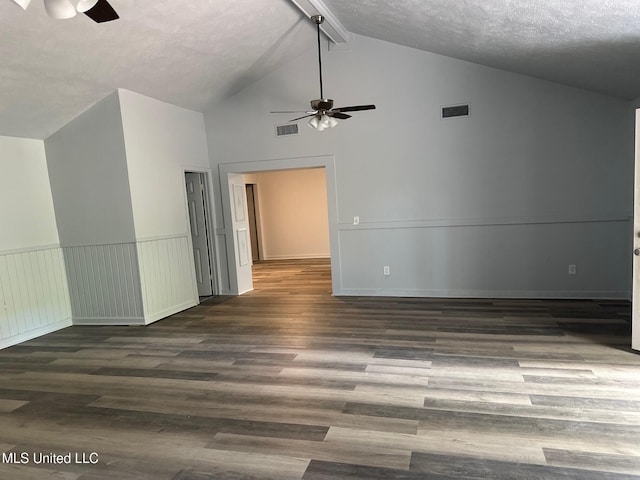 bonus room featuring a ceiling fan, beam ceiling, high vaulted ceiling, wood finished floors, and a textured ceiling