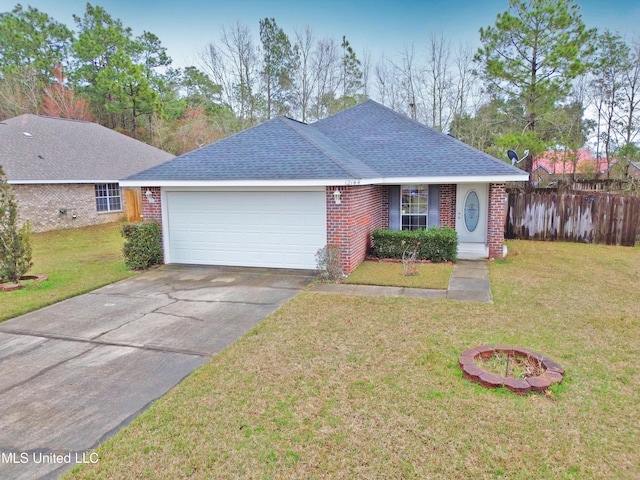 ranch-style house featuring concrete driveway, brick siding, a front lawn, and an attached garage