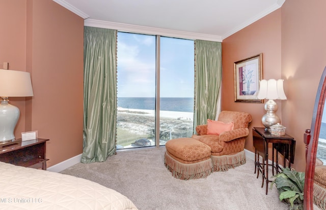 bedroom featuring carpet, a water view, access to exterior, and ornamental molding