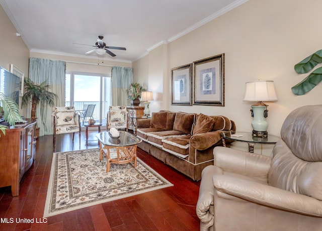 living room featuring ceiling fan, crown molding, and dark hardwood / wood-style floors