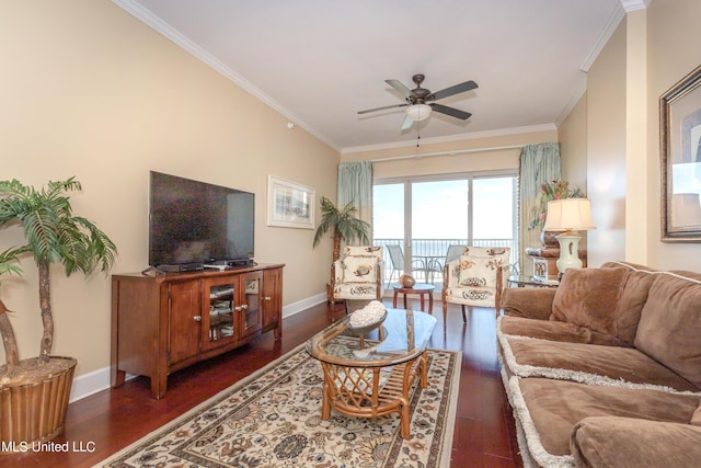 living room with ceiling fan, crown molding, and dark wood-type flooring