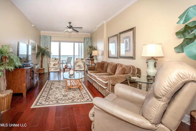 living room with ceiling fan, crown molding, and dark hardwood / wood-style floors