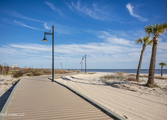 view of property's community featuring a water view and a beach view