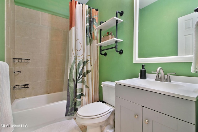 full bathroom with shower / bath combination with curtain, toilet, and vanity