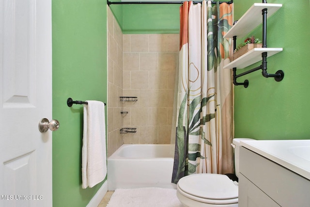 full bathroom featuring shower / bathtub combination with curtain, toilet, and vanity