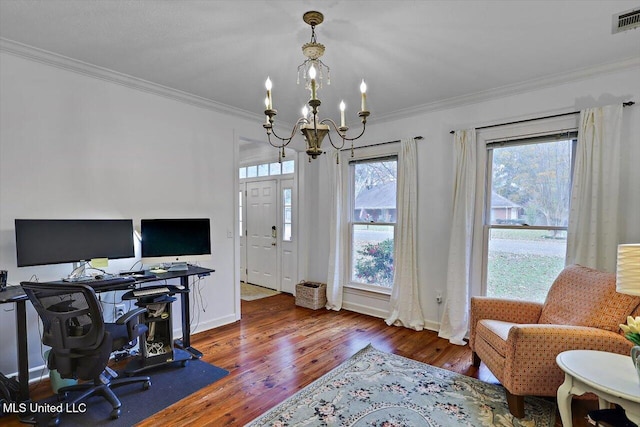 office with a chandelier, hardwood / wood-style flooring, and crown molding