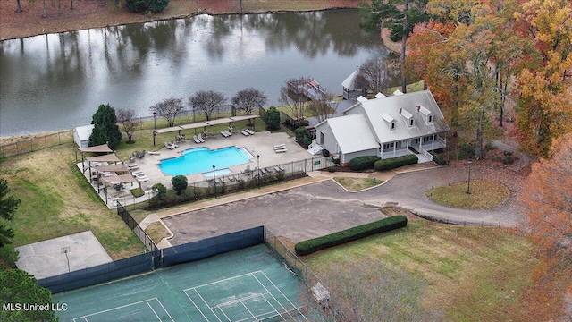 aerial view featuring a water view