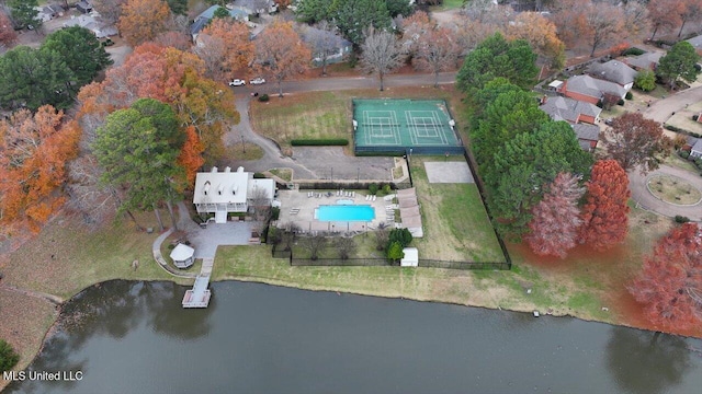 drone / aerial view featuring a water view