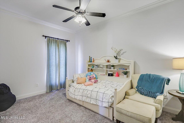 carpeted bedroom featuring ornamental molding and ceiling fan