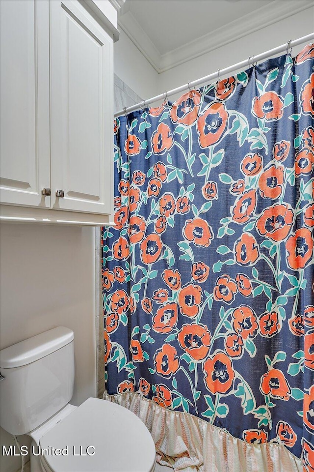 bathroom with ornamental molding and toilet