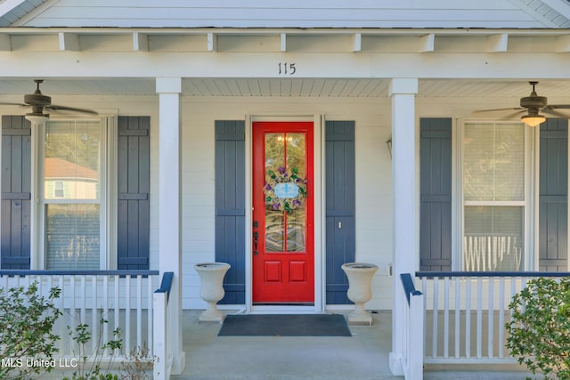 doorway to property featuring ceiling fan