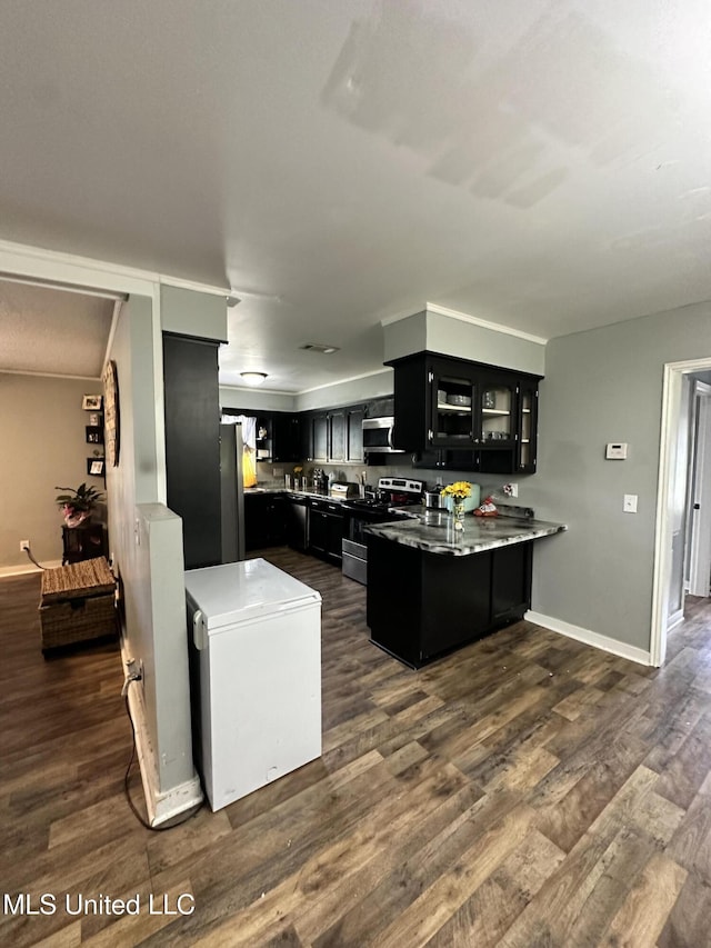 1420 S 9th Ave, Columbus, MS 39701 - kitchen featuring dark wood-style flooring, a peninsula, glass insert cabinets, dark cabinetry, and stainless steel appliances