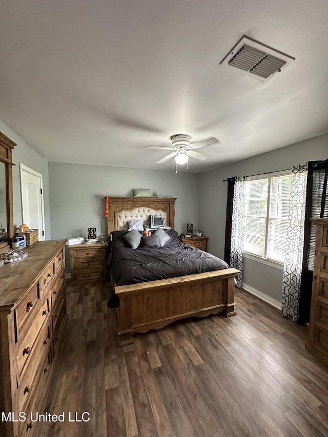 1420 S 9th Ave, Columbus, MS 39701 - bedroom featuring visible vents, baseboards, dark wood-type flooring, and ceiling fan